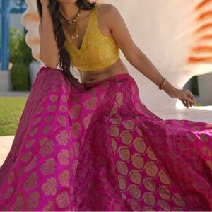 Indian pink Brocade Silk Lehenga for Wedding Bridesmaid Maxi Skirt